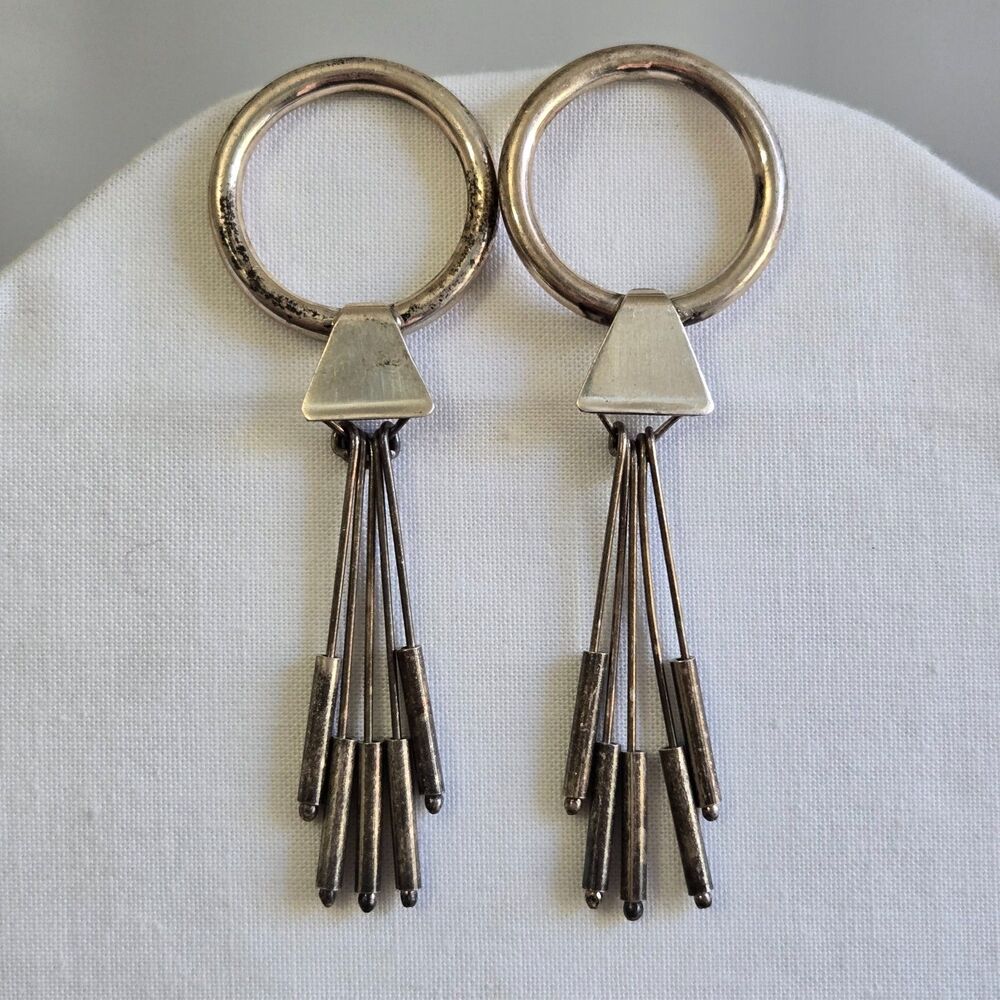 Vintage Brutalist Sterling 925 Fringe Earrings (Poss 950) Modernist Hoop Dangle